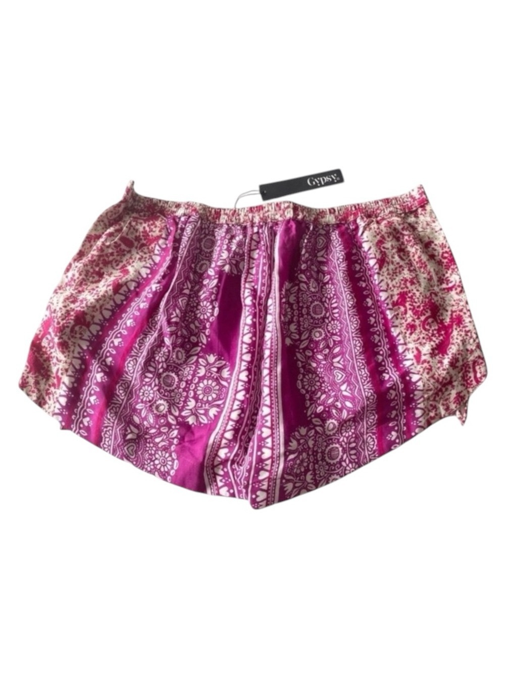 new Gypsy05 ꧁ Mixed Print Rayon Voile Fringe Shorts ꧂ Hot Pink Large ꧂ Festival - Picture 11 of 16